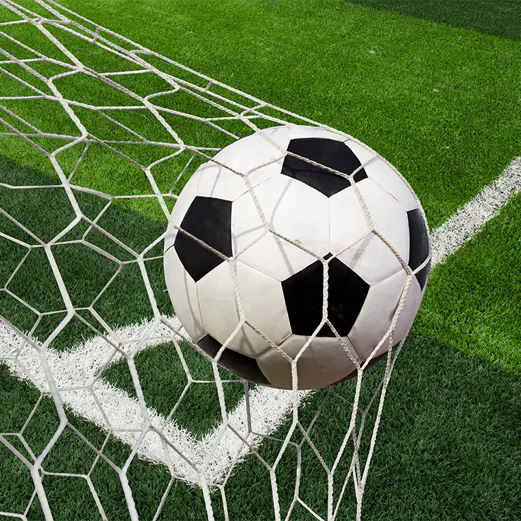 A soccer ball caught in the net after crossing the goal line on a green pitch.