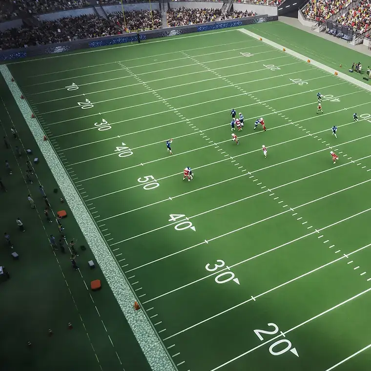 Aerial view of an American football game in progress inside a packed stadium