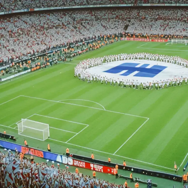 Stadium filled with fans during a major football event with performers holding a large emblem at center field.