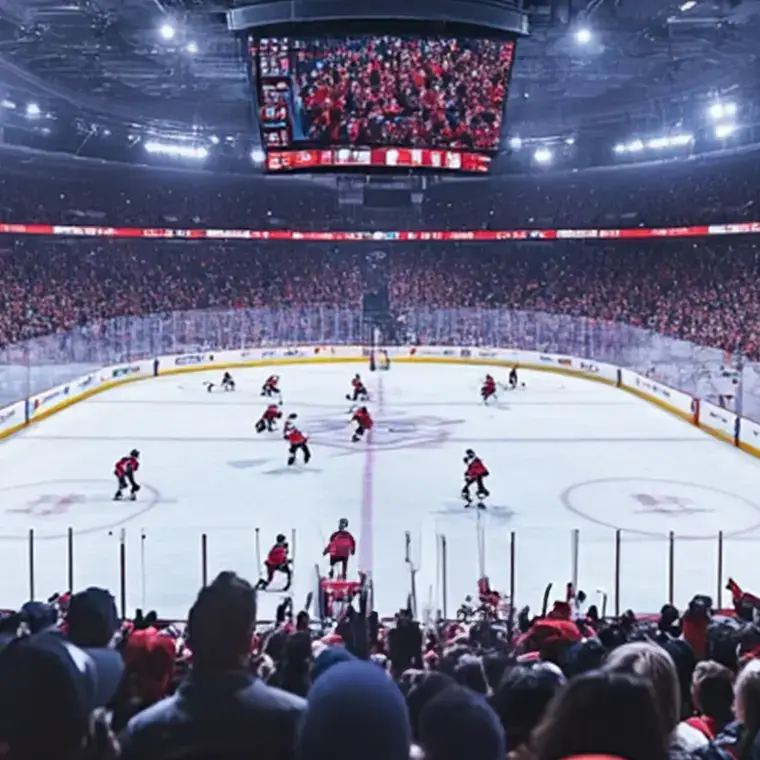 Full-capacity hockey arena with teams in action and a large crowd watching under bright stadium lights