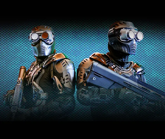 two video game characters standing back to back