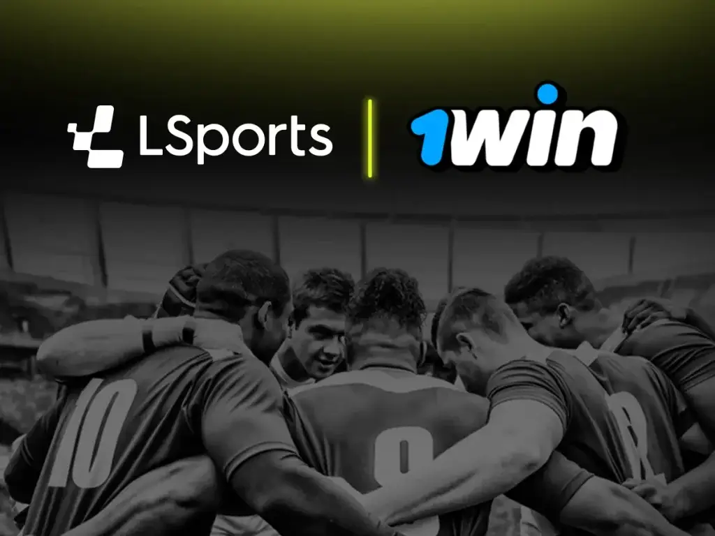 Un equipo de rugby se reúne en un momento previo al partido con los logotipos de LSports y 1win mostrados arriba.