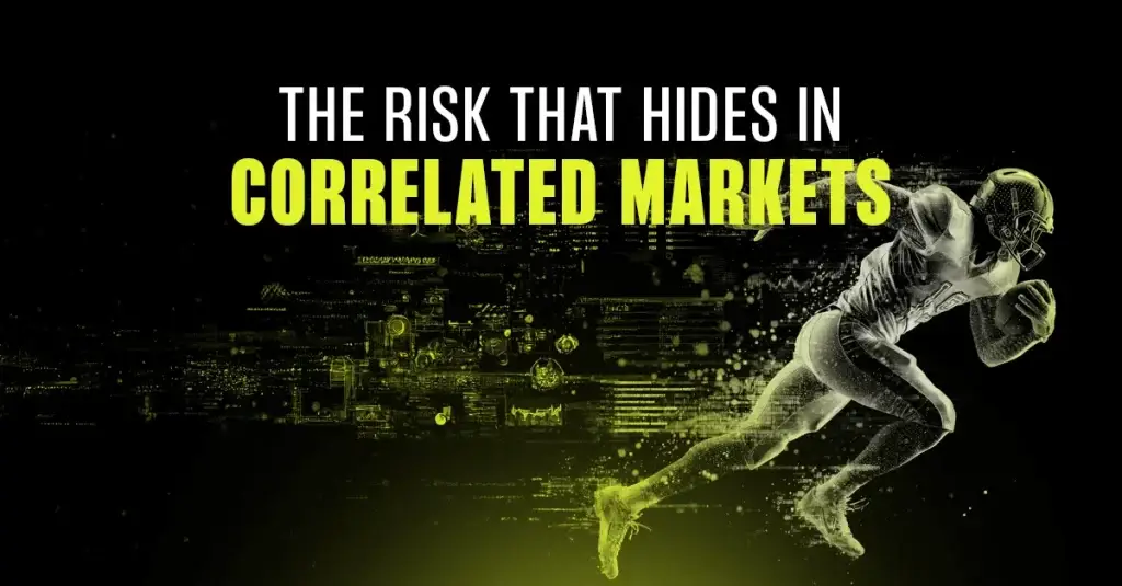 An American football player, ghosted in neon yellow and white, sprints across a dark background overlaid with faint, abstract financial data charts. Large white and yellow text above the player reads: "THE RISK THAT HIDES IN CORRELATED MARKETS". This is a promotional graphic for LSports.