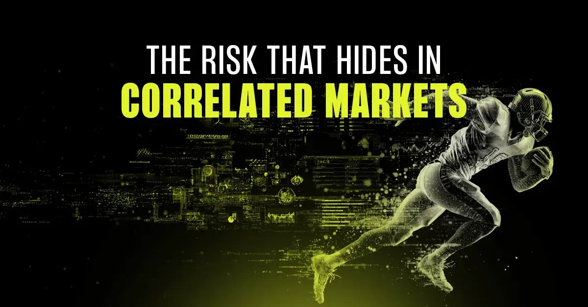 An American football player, ghosted in neon yellow and white, sprints across a dark background overlaid with faint, abstract financial data charts. Large white and yellow text above the player reads: "THE RISK THAT HIDES IN CORRELATED MARKETS". This is a promotional graphic for LSports.