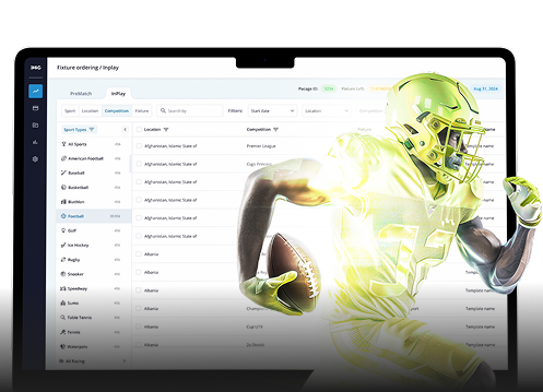 American football player in action superimposed over a digital sports data dashboard on a tablet screen