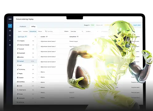 American football player in action superimposed over a digital sports data dashboard on a tablet screen