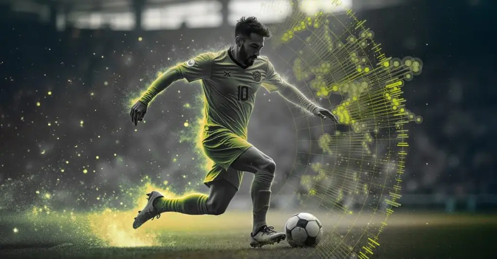 Soccer player surrounded by glowing data visualization elements in a digital stadium