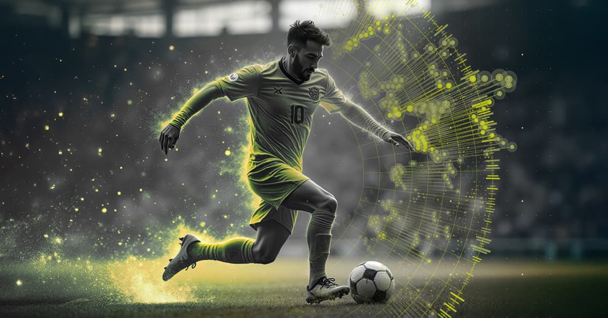 Soccer player surrounded by glowing data visualization elements in a digital stadium