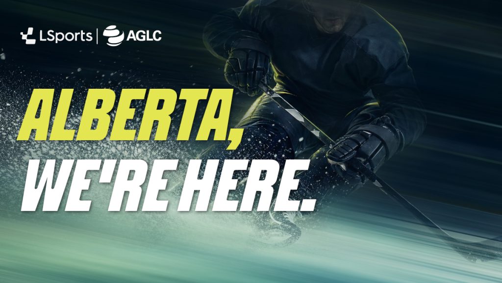 LSports and AGLC logos with the headline Alberta, we're here, over an ice hockey player